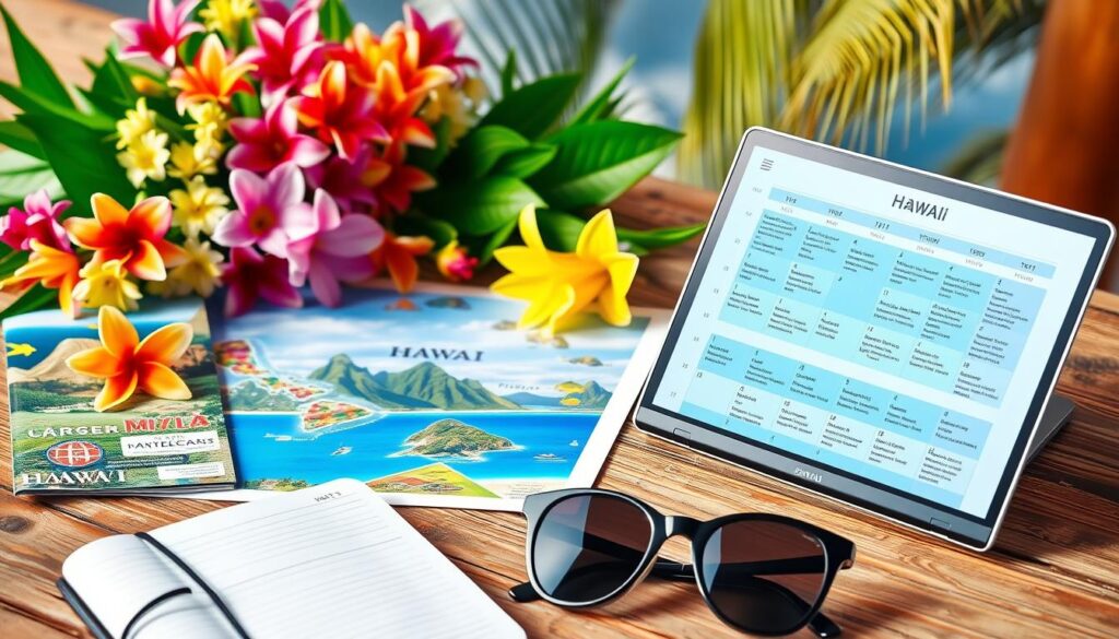 A beautifully arranged Hawaii itinerary laid out on a rustic wooden table, featuring a vibrant mix of tropical flowers, colorful travel brochures, and a map highlighting the various islands. In the foreground, a pair of elegant sunglasses and a travel journal are visible, hinting at adventure. The middle ground showcases a laptop displaying a digital calendar with itinerary slots filled with activities like hiking, beach visits, and cultural events. In the background, soft-focus island landscapes are depicted, showcasing lush green mountains, pristine beaches, and bright blue waters under a clear, sunny sky. The lighting is warm and inviting, evoking a sense of anticipation for the perfect getaway. The mood is cheerful and inspiring, embodying the excitement of planning an unforgettable vacation. A beautifully arranged Hawaii itinerary laid out on a rustic wooden table, featuring a vibrant mix of tropical flowers, colorful travel brochures, and a map highlighting the various islands. In the foreground, a pair of elegant sunglasses and a travel journal are visible, hinting at adventure. The middle ground showcases a laptop displaying a digital calendar with itinerary slots filled with activities like hiking, beach visits, and cultural events. In the background, soft-focus island landscapes are depicted, showcasing lush green mountains, pristine beaches, and bright blue waters under a clear, sunny sky. The lighting is warm and inviting, evoking a sense of anticipation for the perfect getaway. The mood is cheerful and inspiring, embodying the excitement of planning an unforgettable vacation.