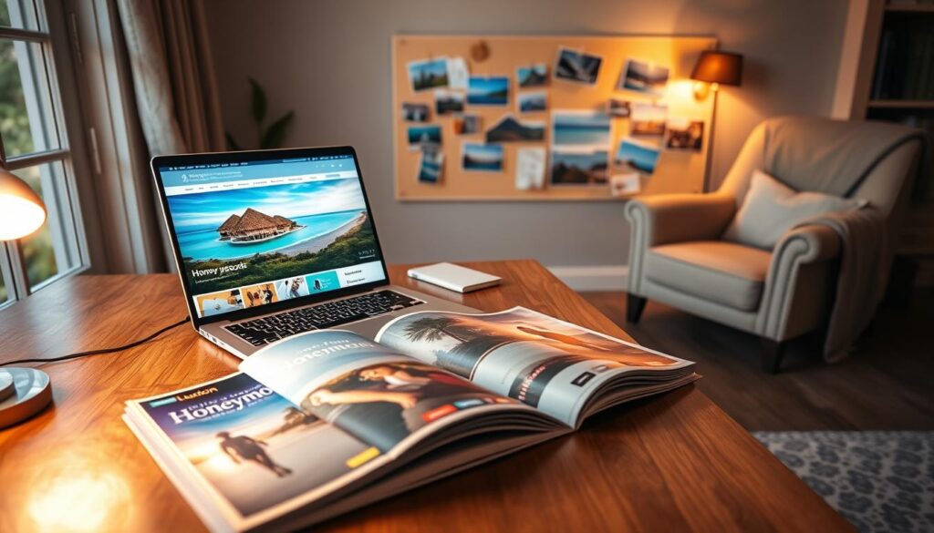 A beautifully arranged and cozy workspace dedicated to honeymoon planning, featuring a large wooden desk with a laptop open to a vibrant travel website showcasing luxurious honeymoon resorts. In the foreground, a pair of elegant travel guides and brochures on tropical destinations, partially opened, revealing stunning images of romantic getaways. A soft, inviting light shines from a nearby window, brightening the room with warmth. The middle ground includes a vision board artfully decorated with pinned photos of exotic beach locations and lush mountains. In the background, a plush armchair with a cozy throw invites relaxation. The overall mood is inspiring and hopeful, evoking excitement for the perfect honeymoon as the sun sets, casting a golden hue throughout the space.