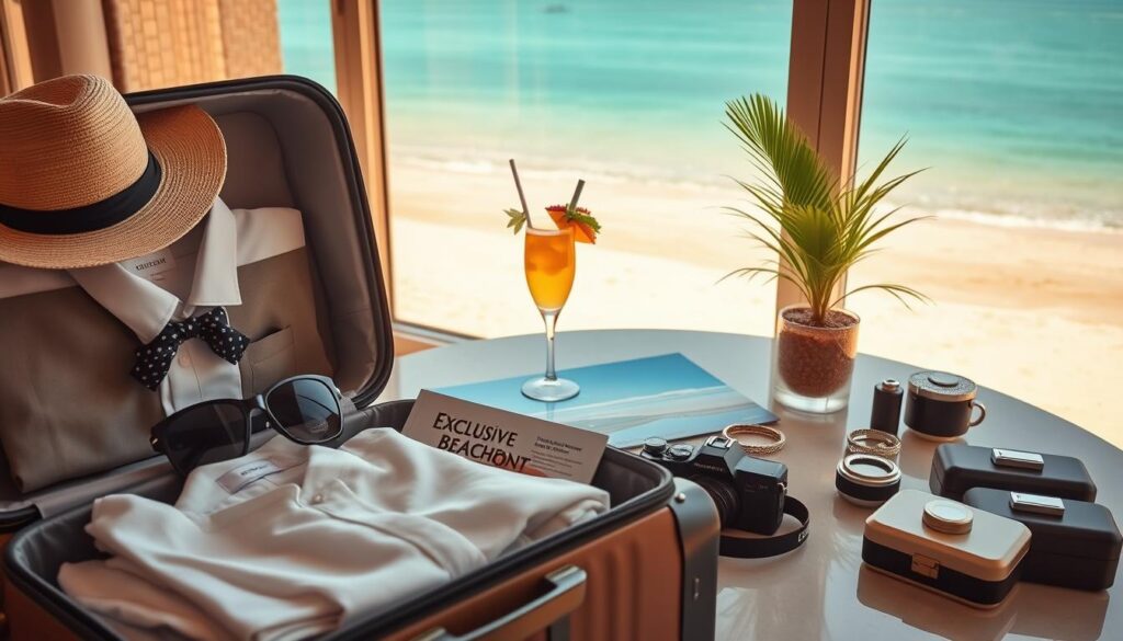 A beautifully arranged scene depicting premium travel preparation for a luxury beach resort. In the foreground, a stylish suitcase is partially open, showcasing neatly folded elegant clothing, chic accessories like sunglasses and a wide-brimmed hat, and a travel guide to exclusive beachfront resorts. In the middle ground, a serene table is set with a tropical drink and a small potted palm, along with travel essentials like a high-end camera and a jewelry box, all bathed in warm, golden morning light from a nearby window. In the background, a lush beach landscape can be faintly seen, hinting at soft white sands and azure waters, inviting relaxation and luxury. The mood is sophisticated and tranquil, embodying the perfect prelude to an unforgettable vacation.
