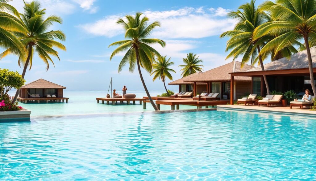 A breathtaking beachfront resort showcasing luxurious overwater bungalows. In the foreground, a serene infinity pool with gentle ripples reflects the golden morning sun, surrounded by manicured tropical gardens adorned with vibrant flowers. In the middle ground, elegant overwater bungalows with wooden decks extend over crystal-clear turquoise waters, featuring modern furnishings and private lounges. A few guests in modest casual clothing are enjoying the amenities, sipping drinks and relaxing in hammocks. The background reveals lush green palm trees swaying in a light breeze against a clear blue sky. The scene is softly illuminated with warm, inviting light, capturing a tranquil and idyllic atmosphere that invites relaxation and enjoyment at this tropical paradise.