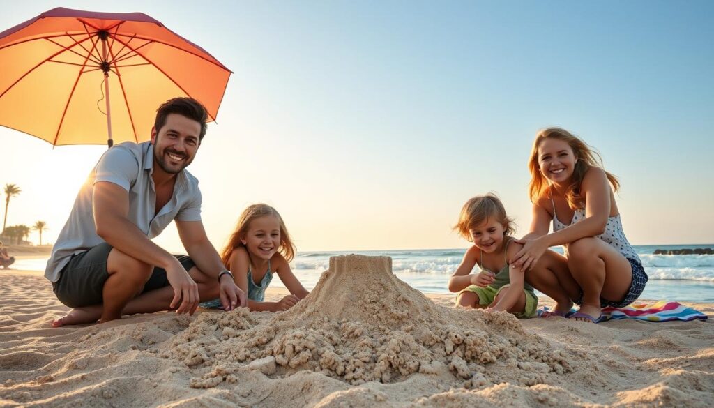 A cheerful family of four is enjoying a stress-free vacation at a scenic beach destination. In the foreground, the parents, dressed in casual yet stylish clothing, are building a sandcastle with their smiling children, who are energetically engaged. The middle ground features a vibrant beach umbrella and colorful beach towels scattered across the warm sand. In the background, gentle waves lap the shore under a clear blue sky, with a few palm trees swaying. The sun is setting, casting a warm golden glow over the scene, enhancing the sense of relaxation and joy. Capture this moment from a slightly elevated angle to include the entire family and the picturesque setting, conveying a peaceful and harmonious atmosphere.