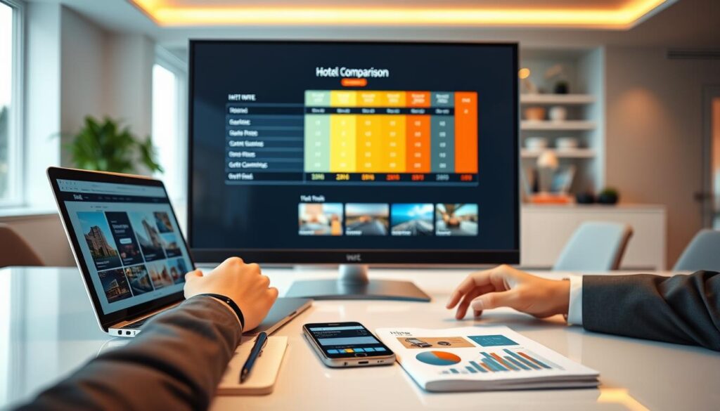 A clean and modern workspace featuring a large, sleek computer monitor displaying a vibrant hotel price comparison chart. In the foreground, a pair of hands, dressed in professional business attire, are using a laptop, scrolling through different hotel booking sites on the screen. The middle ground features a stylish notepad with notes and a smartphone beside it, displaying hotel images surrounded by charts and graphs. The background is softly blurred, showcasing a contemporary office environment with warm, ambient lighting, creating an inviting atmosphere for focused work. The composition suggests a sense of ambition and efficiency, emphasizing the idea of mastering price comparison in hotel booking.