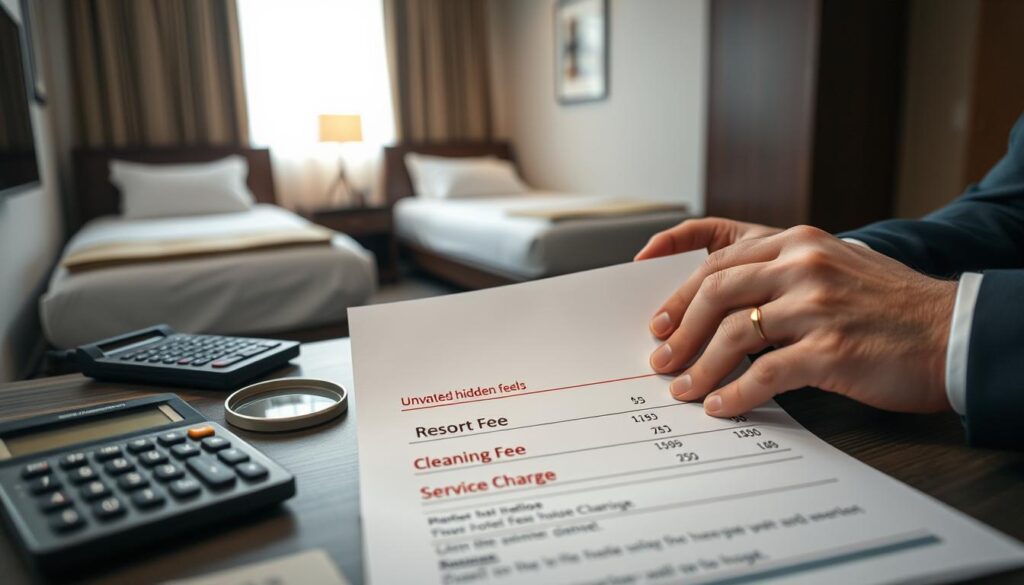 A close-up view of a hotel room's open invoice on a desk, highlighting unwanted hidden fees in bold red text, like "Resort Fee," "Cleaning Fee," and “Service Charge” while a calculator and a magnifying glass rest nearby. In the background, a modest and clean hotel room is visible, featuring simple decor, a neatly made bed, and soft natural lighting coming through a window. The atmosphere feels tense and slightly anxious, emphasizing the frustration of dealing with unexpected charges. A pair of hands, depicted in professional attire, is shown analyzing the invoice, conveying a sense of determination to uncover the true cost of the stay. The lens is focused on the invoice and hands, creating a depth of field that softly blurs the background hotel room for emphasis.