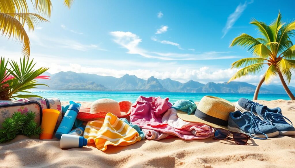 A colorful, enticing packing list for a Hawaiian vacation sprawled across a beach-themed backdrop. In the foreground, a vibrant assortment of items like sunscreen, light clothing, sun hats, hiking shoes, and a reusable water bottle neatly organized on a sandy surface. In the middle ground, a picturesque view of tropical plants and palm trees swaying gently in the breeze, symbolizing the diverse microclimates of the islands. The background should feature a clear blue sky with wispy clouds and hints of lush green mountains. Bright, natural lighting creates a warm and inviting atmosphere, evoking the essence of a Hawaiian getaway. The image should convey excitement and preparation for a perfect island-hopping adventure. A colorful, enticing packing list for a Hawaiian vacation sprawled across a beach-themed backdrop. In the foreground, a vibrant assortment of items like sunscreen, light clothing, sun hats, hiking shoes, and a reusable water bottle neatly organized on a sandy surface. In the middle ground, a picturesque view of tropical plants and palm trees swaying gently in the breeze, symbolizing the diverse microclimates of the islands. The background should feature a clear blue sky with wispy clouds and hints of lush green mountains. Bright, natural lighting creates a warm and inviting atmosphere, evoking the essence of a Hawaiian getaway. The image should convey excitement and preparation for a perfect island-hopping adventure.