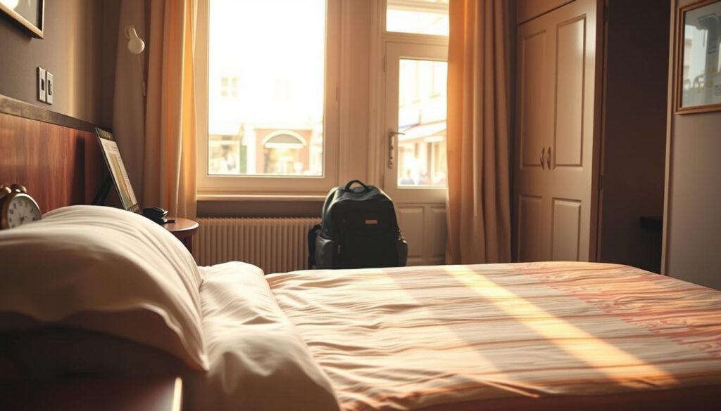 A cozy, budget-friendly travel scene featuring a clean and inviting hotel room. In the foreground, a neatly made bed with soft, colorful linens and a small bedside table with a travel guide and a clock showing early morning hours. In the middle ground, a bright window allows soft, warm sunlight to fill the room, casting gentle shadows. A backpack sits on the floor, symbolizing adventure and exploration. In the background, a glimpse of a small town street can be seen through the window, lined with charming local shops and cafes. The atmosphere is warm and welcoming, evoking a sense of comfort and practicality. The overall lighting is soft and natural, enhancing the inviting mood of a budget-friendly travel experience.