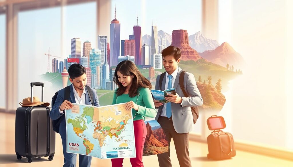A detailed illustration of travel logistics and vacation bundles. In the foreground, display a diverse group of travelers in smart casual attire, studying a travel map and discussing options. The middle layer features an assortment of iconic vacation elements such as a suitcase, a colorful brochure showcasing popular USA destinations, and a travel itinerary. In the background, depict a vibrant city skyline alongside picturesque national park landscapes, highlighting the contrast between urban and natural getaways. Soft, warm lighting enhances the inviting atmosphere, while a slight focus blur on the background draws attention to the travelers. The scene conveys a sense of excitement and adventure, as individuals explore their travel options with enthusiasm.