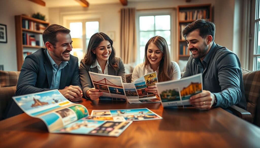 A family of four, dressed in professional yet casual clothing, sits around a large wooden table in a warmly lit living room, evaluating vacation brochures. The foreground features colorful brochures with images of various family-friendly destinations like beaches and amusement parks. In the middle ground, the family members are engaged in discussion, their expressions animated and thoughtful. The background shows a cozy room with soft lighting, a bookshelf filled with travel books, and a large window letting in natural light. The mood is warm and inviting, conveying excitement about planning a family trip, with a lens focus that highlights the families' engaged expressions. The atmosphere is dynamic, filled with the anticipation of adventure and exploration.