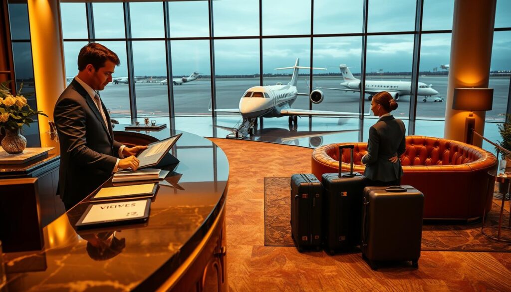 A luxurious concierge service scene depicting an elegant travel arrangement for affluent clients. In the foreground, a polished concierge desk adorned with upscale decor, a professional concierge dressed in a smart suit, and a high-end tablet showcasing bespoke travel itineraries. In the middle, a beautifully crafted, leather-clad lounge area where VIP clients review travel plans, with luggage subtly placed beside chic seating. The background features a panoramic view of a stunning airport lounge with large windows, showcasing private jets taxiing on the runway under soft, golden lighting that creates a warm and inviting atmosphere. The overall mood radiates sophistication and exclusivity, embodying luxury travel logistics and support.