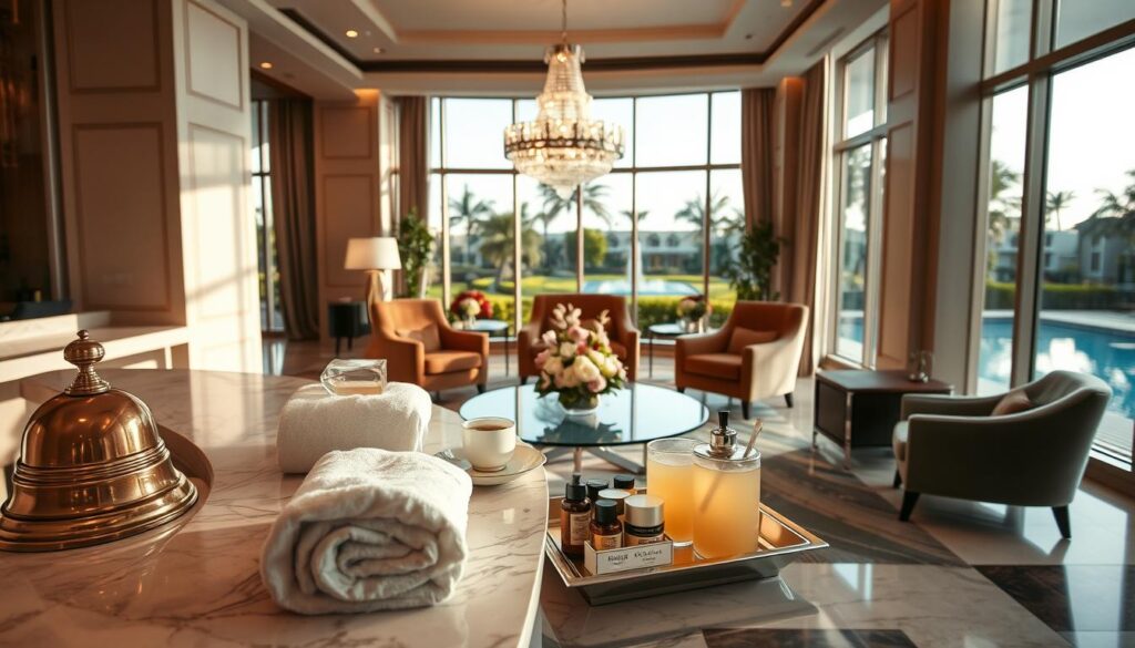 A luxurious hotel lobby brimming with upscale amenities. In the foreground, an elegant marble reception desk with a polished bell and a complimentary welcome drink on a silver tray. Fluffy white towels and artisan toiletries are artfully arranged nearby. The middle ground features plush velvet armchairs and a stunning chandelier, casting a warm glow across the space. A beautiful floral arrangement sits on a glass coffee table, enhancing the sophistication. In the background, large windows reveal a scenic view of manicured gardens and a sparkling pool. The lighting is soft and inviting, creating a serene atmosphere. Capture this scene from a slight angle to emphasize the grandeur and attention to detail, evoking a sense of relaxation and luxury.