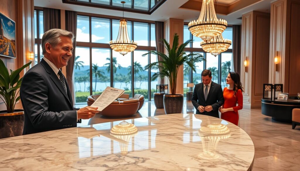 A luxurious hotel lobby featuring a polished marble reception desk with an elegant concierge in professional business attire, smiling warmly as they assist a well-dressed couple. The foreground captures the concierge handing over a personalized itinerary. In the middle, lush potted plants and tasteful artwork adorn the walls, adding to the opulence of the space. The background showcases grand chandeliers emitting soft, warm lighting that bathes the room in a welcoming glow. Large windows reveal a picturesque view of a tropical landscape just outside. The atmosphere is inviting and sophisticated, emphasizing superior service and attention to detail. The composition captures the essence of luxury, making it perfect for illustrating the importance of concierge services in enhancing guest experiences.