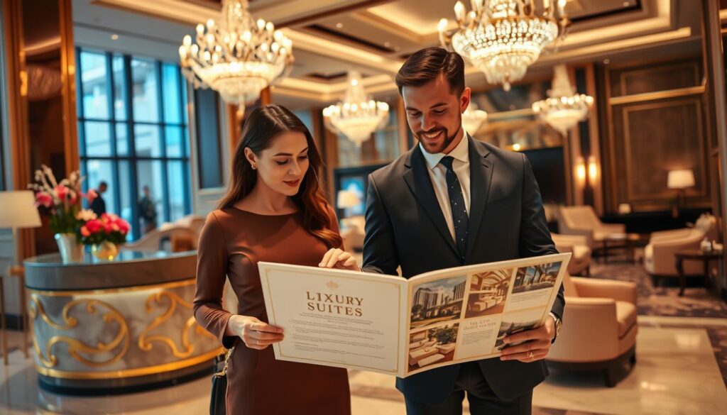 A luxurious hotel lobby scene showcasing a couple preparing for their high-end stay. In the foreground, a well-dressed man and woman are examining a large, elegant hotel brochure titled 'Luxury Suites'. The woman, in a chic, tasteful dress, points out some options, while the man, in a tailored suit, looks attentively. In the middle ground, a concierge desk is adorned with fresh flowers and gleaming gold accents, emphasizing hospitality. The background features opulent chandeliers and plush seating areas, illuminated by soft, warm lighting that creates a welcoming atmosphere. Capture this scene from a slightly elevated angle to emphasize the hotel’s grandeur and the couple’s excitement, conveying an atmosphere of anticipation and sophistication.