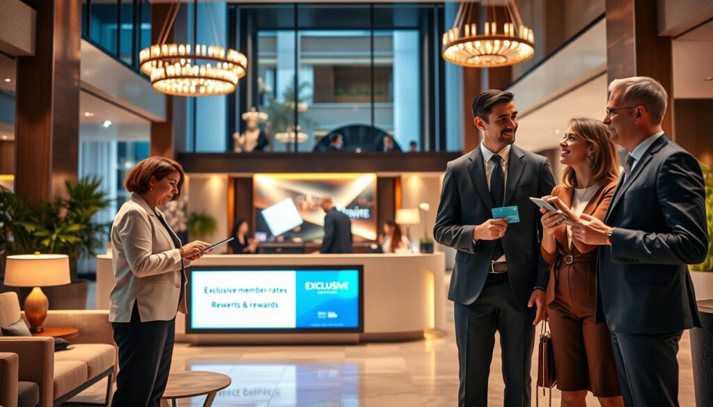 A modern, vibrant hotel lobby showcasing the concept of loyalty programs. In the foreground, a professional-looking travel agent is discussing benefits with a couple, both dressed in business attire, holding loyalty cards. The middle ground features a sleek reception desk adorned with a digital screen promoting exclusive member rates and rewards. The background reveals an elegant hotel ambiance with comfortable seating, soft lighting, and decorative plants, creating a welcoming atmosphere. The scene is illuminated by warm, inviting lighting from stylish chandeliers above, casting soft shadows. The angle is slightly elevated, providing a broader view of the hotel’s upscale environment, emphasizing a sense of luxury and exclusivity in the loyalty program experience.