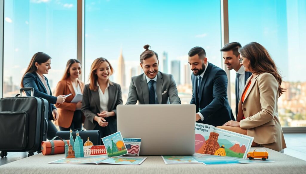 A picturesque scene depicting essential tips for booking USA vacation packages successfully. In the foreground, a diverse group of professional individuals, dressed in business attire, is engaged in a collaborative discussion around a laptop, showcasing travel websites and itineraries. In the middle ground, colorfully illustrated elements like suitcases, maps, and brochures depicting iconic USA destinations like New York, the Grand Canyon, and Yellowstone create a dynamic environment. In the background, a large window offers a panoramic view of a bustling city skyline under a bright blue sky, symbolizing adventure and exploration. Soft, natural lighting fills the space, creating an inviting atmosphere, while shallow focus emphasizes the interactions in the foreground, instilling a sense of professionalism and excitement about travel planning.
