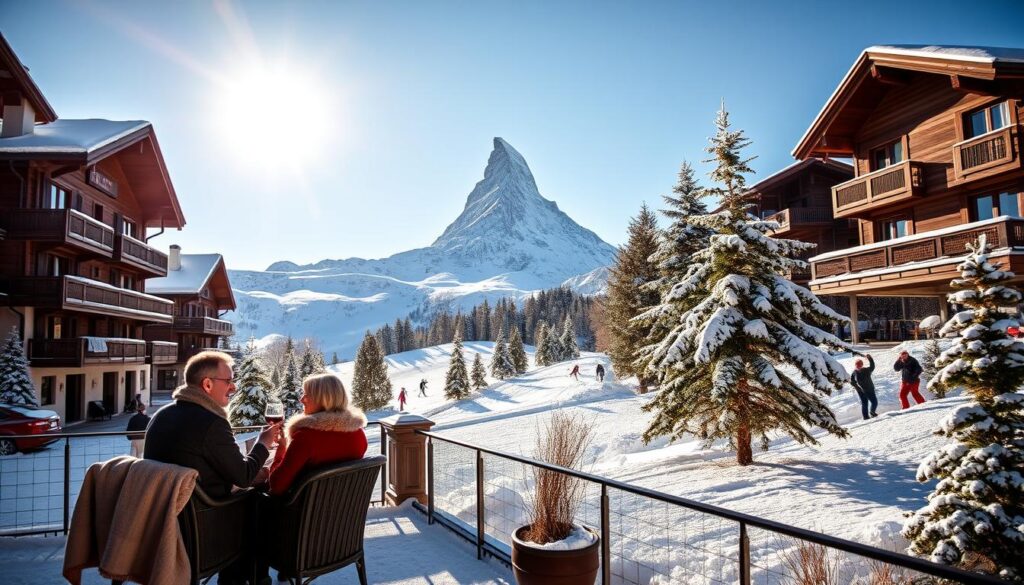 A picturesque view of Zermatt, showcasing the iconic Matterhorn in the background, framed by luxurious ski chalets adorned with elegant alpine décor. In the foreground, a well-dressed couple in stylish winter attire enjoys a glass of wine on a snow-covered terrace, with plush blankets draped over their chairs. The middle ground features snow-laden pines and skiers elegantly gliding down pristine slopes under bright blue skies. The image is bathed in warm golden sunlight, casting soft shadows and creating a serene, sophisticated ambiance. Capture the majestic Matterhorn reflecting the majesty of luxury and leisure, with the crisp mountain air evoking a sense of tranquility and exclusivity. Use a wide-angle lens to enhance the grandeur of the scene.