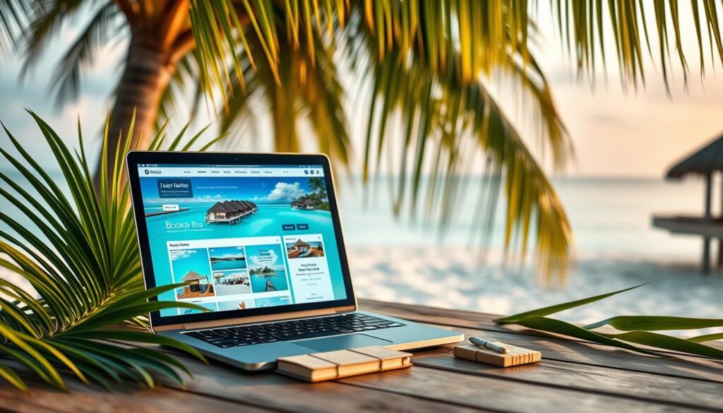 A serene Maldives booking scene, focusing on a stylish laptop open on a wooden table, displaying vibrant images of luxury resorts and travel deals. Surround the laptop with a tropical setting, including lush green palm leaves and a small bamboo notepad next to it. In the background, showcase a dreamy beach with soft white sand and crystal-clear turquoise water, creating an idyllic vacation atmosphere. Soft evening light filters through the palm trees, casting gentle shadows on the table. The scene conveys an inviting and relaxed mood, suggesting tranquility and the excitement of planning a getaway. The image should have a shallow depth of field, emphasizing the laptop while gently blurring the stunning ocean views in the backdrop. A serene Maldives booking scene, focusing on a stylish laptop open on a wooden table, displaying vibrant images of luxury resorts and travel deals. Surround the laptop with a tropical setting, including lush green palm leaves and a small bamboo notepad next to it. In the background, showcase a dreamy beach with soft white sand and crystal-clear turquoise water, creating an idyllic vacation atmosphere. Soft evening light filters through the palm trees, casting gentle shadows on the table. The scene conveys an inviting and relaxed mood, suggesting tranquility and the excitement of planning a getaway. The image should have a shallow depth of field, emphasizing the laptop while gently blurring the stunning ocean views in the backdrop.