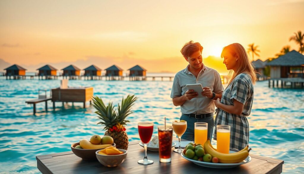 A serene Maldives resort scene showcasing a luxury beachfront setting with overwater bungalows. In the foreground, a beautifully arranged table with tropical fruits and refreshing drinks, hinting at enticing vacation package deals. In the middle ground, a clear turquoise lagoon with gentle waves and white sandy beaches. Two figures in modest casual clothing are viewing a tablet, engaged in planning their Maldives getaway, set against the vibrant backdrop of palm trees and distant mountains. The background captures a stunning sunset casting warm golden hues that reflect off the water, creating a romantic and inviting atmosphere. The image should be vibrant and visually appealing, conveying the allure of affordable luxury travel in the Maldives. Soft lighting, shot from a slightly elevated angle to showcase the bungalows and beach. A serene Maldives resort scene showcasing a luxury beachfront setting with overwater bungalows. In the foreground, a beautifully arranged table with tropical fruits and refreshing drinks, hinting at enticing vacation package deals. In the middle ground, a clear turquoise lagoon with gentle waves and white sandy beaches. Two figures in modest casual clothing are viewing a tablet, engaged in planning their Maldives getaway, set against the vibrant backdrop of palm trees and distant mountains. The background captures a stunning sunset casting warm golden hues that reflect off the water, creating a romantic and inviting atmosphere. The image should be vibrant and visually appealing, conveying the allure of affordable luxury travel in the Maldives. Soft lighting, shot from a slightly elevated angle to showcase the bungalows and beach.