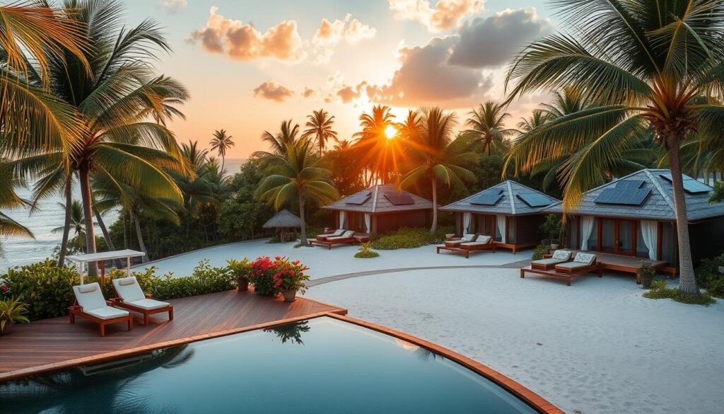 A serene eco-friendly island resort nestled among lush green palm trees and white sandy beaches. In the foreground, a luxurious wooden deck with elegantly arranged lounge chairs and vibrant tropical flowers, setting an inviting mood. The middle ground features charming, sustainable villas built with natural materials, showcasing large windows that blend seamlessly with the surroundings. In the background, a clear turquoise ocean stretches to the horizon, kissed by the soft glow of a golden sunset, illuminating the scene with warm light. Include details like renewable energy wind turbines and solar panels on the villas, subtly integrated into the landscape. The atmosphere is tranquil and inviting, reflecting a perfect balance of luxury and environmental responsibility, perfect for secluded, mindful travel experiences.