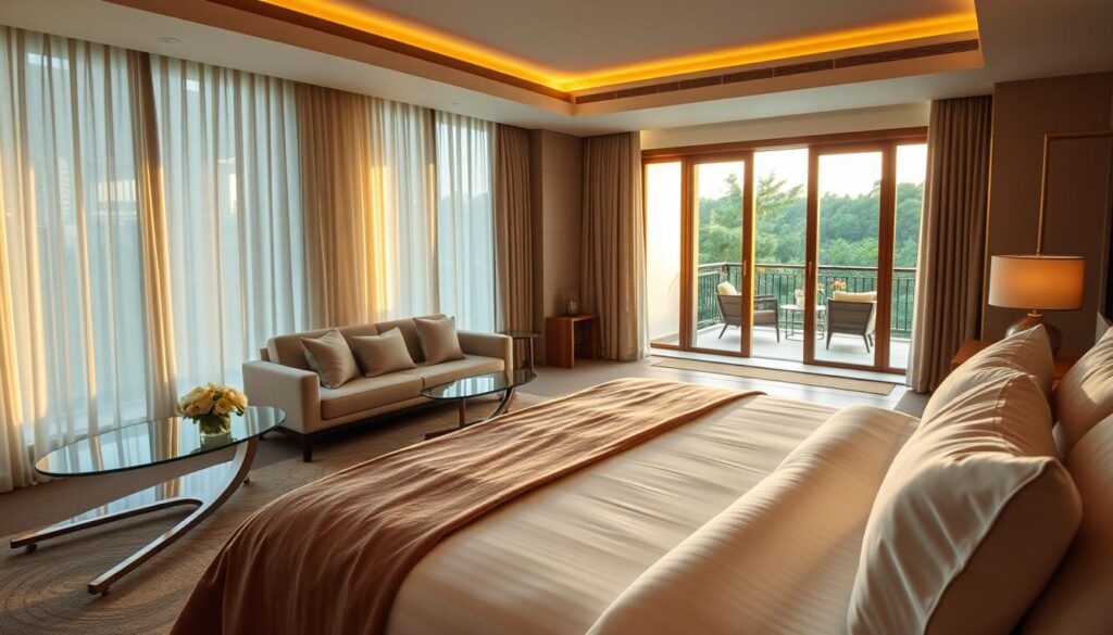 A serene luxury hotel suite, showcasing an elegant interior with soft, ambient lighting. In the foreground, a plush, inviting bed adorned with high-end linens and a delicate throw blanket. To the left, a stylish sitting area with a sleek sofa, accentuated by elegant pillows and a glass coffee table featuring fresh flowers. The middle ground reveals large panoramic windows with lush greenery outside, emphasizing privacy. In the background, a private balcony with tasteful furniture invites relaxation. The scene captures a tranquil atmosphere, suggesting comfort and seclusion. A warm, golden hour glow streams in, enhancing the opulent textures and inviting mood, perfect for rejuvenation and escape.