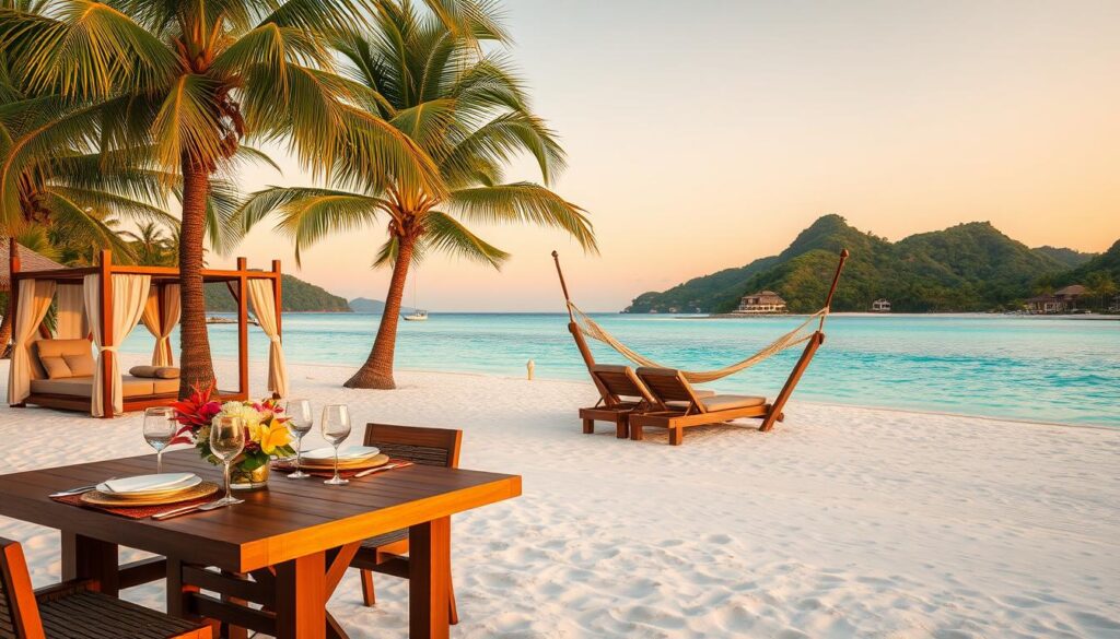 A serene luxury island resort scene featuring soft white sand beaches and crystal-clear turquoise water. In the foreground, a beautifully arranged wooden dining table set for two, adorned with elegant dinnerware and tropical flowers, suggesting a romantic dinner under palm trees. In the middle ground, private cabanas with plush lounge chairs invite relaxation, while a hammock sways gently between two palm trees. In the background, lush green hills rise, dotted with upscale villas nestled discreetly among the tropical foliage. The lighting is warm and golden, capturing the essence of a peaceful sunset. The atmosphere is tranquil and inviting, embodying total seclusion and relaxation.