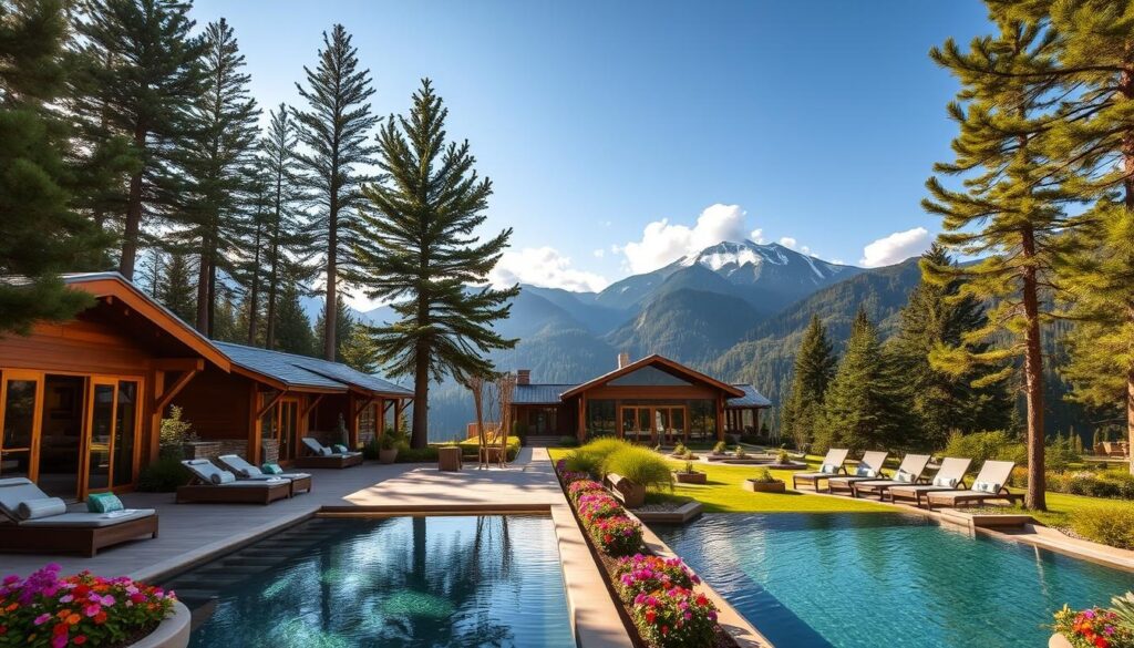 A serene mountain spa resort nestled among towering pine trees, featuring elegant wooden cabanas with large windows overlooking lush green valleys. In the foreground, a tranquil infinity pool reflects the sunlight, surrounded by cozy lounge chairs and vibrant flower beds. The middle ground showcases a modern wellness center with a glass facade, while a lush garden with soothing water features creates a peaceful ambiance. In the background, majestic mountain peaks stand against a clear blue sky with a few fluffy clouds, emphasizing the natural beauty of the setting. The scene is bathed in warm, soft light, capturing the tranquil and rejuvenating atmosphere of a luxury getaway.