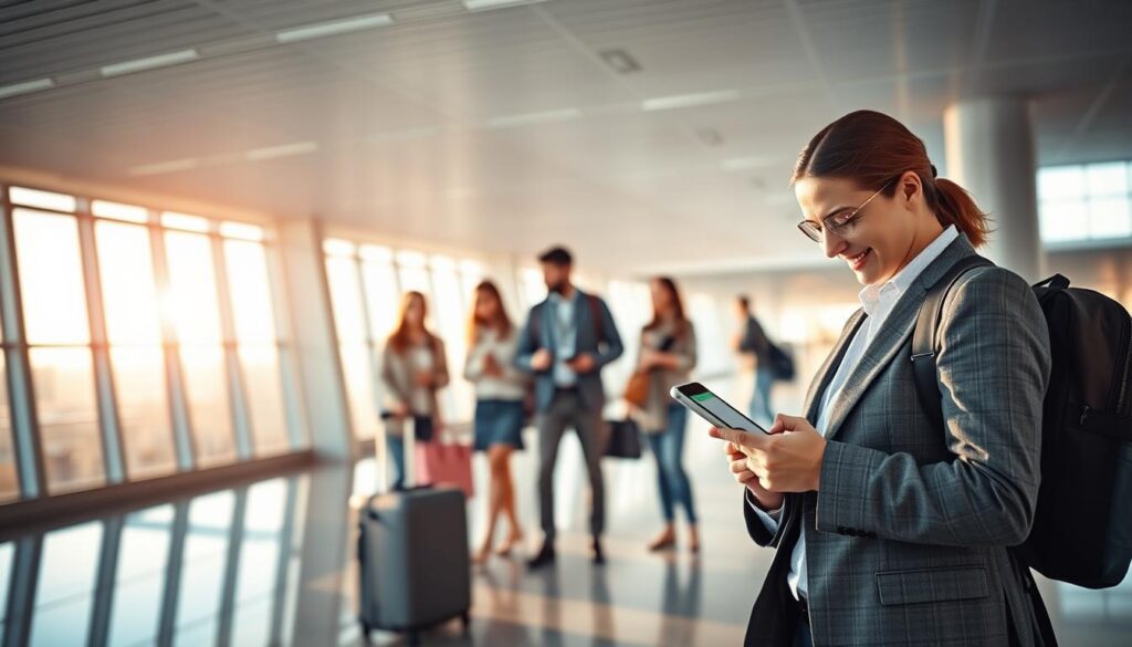 A serene travel scene depicting safety and security during spontaneous journeys. In the foreground, a well-dressed traveler in professional attire checks a travel app on their smartphone, radiating confidence. The middle ground features a diverse group of travelers, including a family with children and a couple, standing near a suitcase and a travel guide, all engaging in a discussion about their next steps. The background showcases a picturesque airport with soft, warm lighting filtering through large windows, emphasizing a welcoming atmosphere. The mood is optimistic and adventurous, reflecting the excitement of last-minute travel while highlighting the importance of safety. The image should be vibrant and inviting, capturing the spirit of spontaneous exploration and responsible travel.