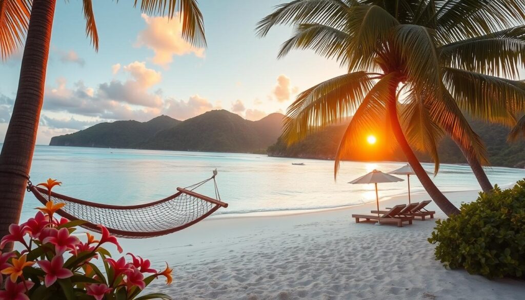 A serene tropical scene showcasing a hidden Caribbean beach with crystal-clear turquoise waters, soft white sand fringed with lush palm trees. In the foreground, a rustic wooden hammock swings gently between two palm trees, inviting relaxation. In the middle ground, vibrant tropical flowers in hues of pink and yellow add pops of color, while inviting beach loungers are positioned under shady umbrellas. The background features gently rolling hills covered in dense greenery, with a stunning sunset casting golden and orange hues across the sky, creating an idyllic and peaceful atmosphere. The composition should be captured from a slightly elevated angle to encompass the entire scene, with warm, soft lighting to evoke a sense of paradise and tranquility, making it a perfect representation of unexplored Caribbean destinations.
