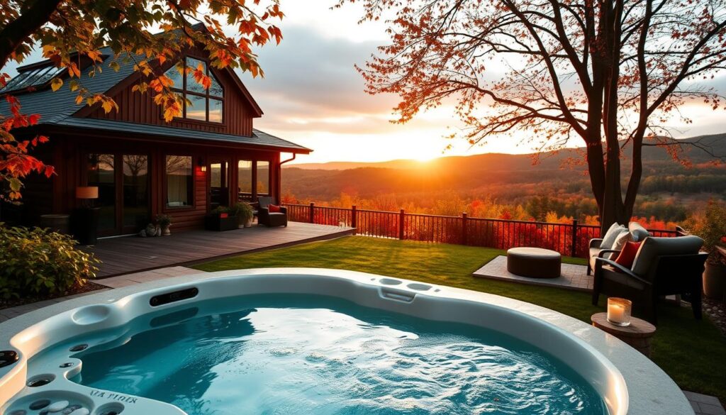 A serene wellness and spa retreat at Twin Farms in Vermont, featuring an inviting outdoor hot tub surrounded by lush greenery and colorful autumn leaves. In the foreground, a beautifully arranged lounge area with cozy seating and soothing spa elements like candles and pebbles. The midground showcases a rustic wooden cottage with large windows reflecting the serene landscape, while the background reveals rolling hills and vibrant foliage under a soft, golden sunset light. The atmosphere is tranquil and rejuvenating, evoking a sense of peace and luxury. Shot from a slightly elevated angle with a warm color palette, capturing the essence of relaxation and indulgence in nature.