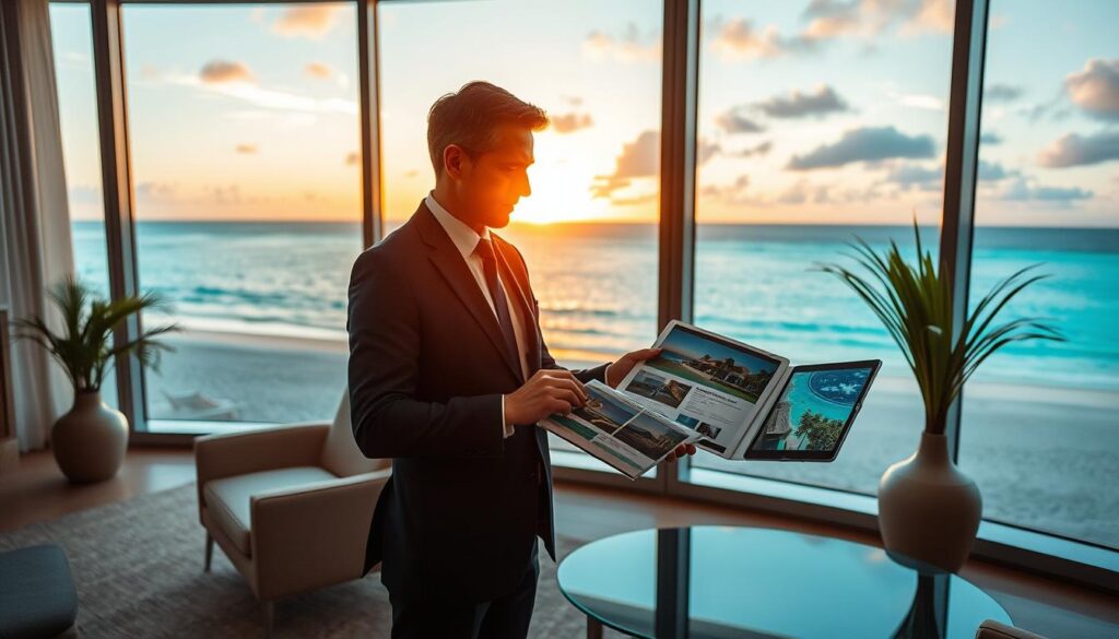 A sophisticated luxury travel scene showcasing the planning process for exclusive beachfront properties. In the foreground, a well-dressed travel advisor, in a tailored suit, is attentively reviewing high-end brochures and tablet screens displaying stunning coastal resorts. The middle ground features a modern, elegantly designed office with large windows revealing a glimpse of a serene beach with turquoise water and white sand. The backdrop is a vibrant sunset, casting soft, warm lighting throughout the scene, enhancing the mood of relaxation and exclusivity. The angle should provide a slightly elevated perspective, capturing the advisor's expertise and the allure of the destinations. Aim for a tranquil and inviting atmosphere, evoking a sense of premium travel experiences.