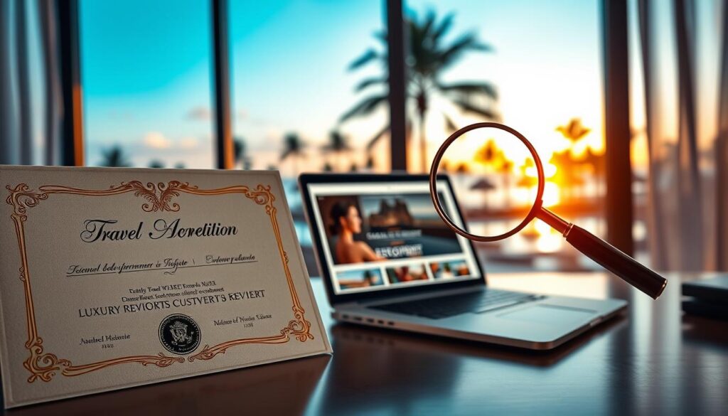 A sophisticated travel accreditation certificate displayed prominently in the foreground, adorned with intricate gold embossing and elegant calligraphy. In the middle ground, a stylishly arranged desk with a laptop open, showcasing luxury resort websites and customer reviews, along with a magnifying glass hovering over the screen, symbolizing scrutiny and research. In the background, a serene and luxurious resort image visible through a large window, featuring palm trees, a pristine pool, and a sunset sky, casting a warm, inviting glow that enhances the elegance of the scene. Soft, natural lighting fills the space, creating an atmosphere of professionalism and trust. The overall mood evokes a sense of refined luxury and the importance of thorough vetting in travel experiences.