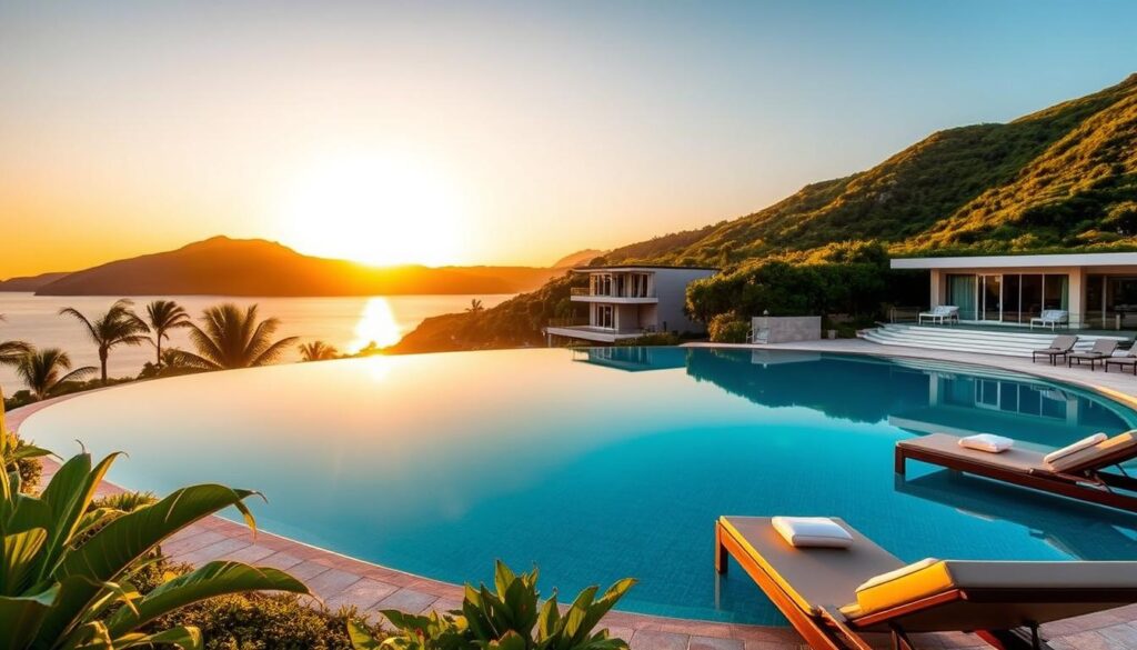 A stunning view of the best all-inclusive resort at Hermitage Bay in Antigua during golden hour. In the foreground, a beautifully landscaped infinity pool reflecting the vibrant colors of the sunset, surrounded by lush tropical greenery and elegant sun loungers with plush cushions. In the middle, the resort’s chic, modern architecture features spacious villas with large glass doors opening to private verandas, showcasing sweeping views of the azure Caribbean Sea. In the background, gently rolling hills covered in dense foliage, against a clear sky transitioning from orange to deep blue. The scene evokes a tranquil, luxurious atmosphere, perfect for relaxation. The lighting is soft and warm, highlighting the elegant design and inviting ambiance. Capture this moment with a wide-angle lens to showcase the expansive beauty of the resort.