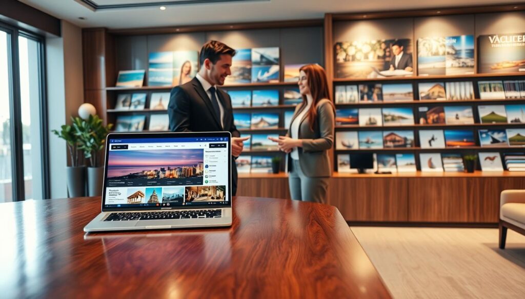 A stylish, high-end travel agency office with a large, polished wooden desk at the forefront, adorned with an elegant laptop displaying a vibrant, digital itinerary of luxury destinations. In the middle ground, a well-dressed travel consultant, in professional attire, is discussing personalized vacation options with a sophisticated couple, who are dressed in smart casual clothing. The background features a lavish selection of brochures showcasing exotic locations, luxury resorts, and fine dining experiences, illuminated by soft, natural light streaming in through large windows. The atmosphere is inviting and upscale, radiating a sense of exclusivity and personalization, with carefully curated decor emphasizing sophistication and comfort. The overall mood conveys anticipation and excitement for customized luxury travel experiences.