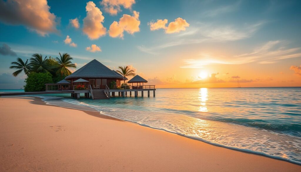 A tranquil scene of an exotic honeymoon getaway in the Indian Ocean, featuring a pristine white sandy beach in the foreground with soft waves gently lapping at the shore. In the middle ground, there is a luxurious overwater bungalow with thatched roofs, surrounded by vibrant tropical flowers and lush greenery. The background reveals a breathtaking sunset, casting warm, golden hues across the sky and reflecting on the calm blue waters. Soft, dappled lighting enhances the romantic atmosphere, evoking a sense of peace and intimacy. The angle captures the beauty of the ocean, inviting viewers into this serene paradise, perfect for a romantic escape. No human subjects are included, ensuring a focus on the idyllic landscape.