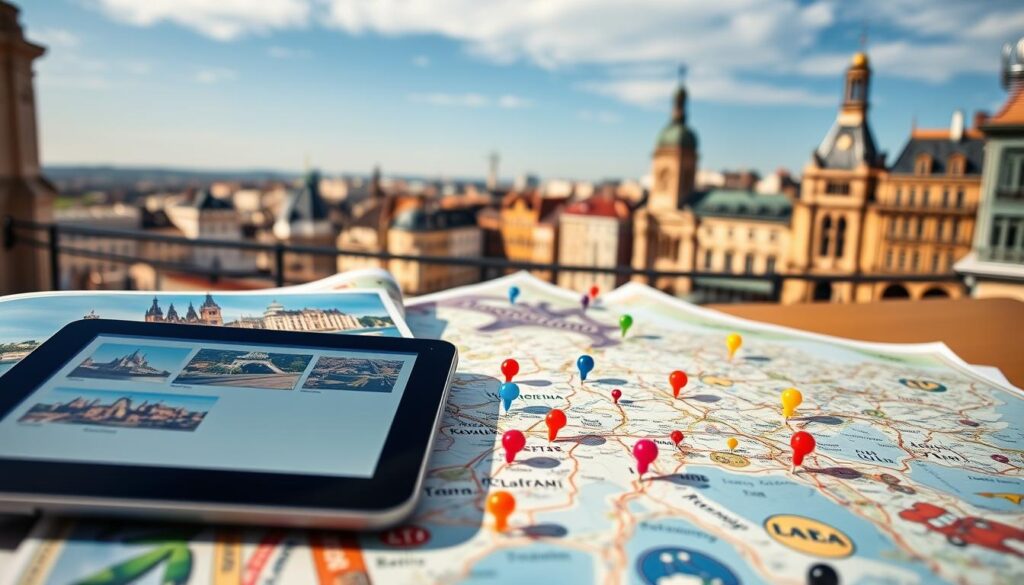 A vibrant and detailed multi-city itinerary showcasing iconic European landmarks, with a foreground featuring a beautifully designed travel brochure and a tablet displaying various itineraries. In the middle ground, print maps and travel guides are scattered, depicting cities like Paris, Rome, Berlin, and Barcelona, each marked with colorful pins. The background captures a panoramic view of charming European city skylines under a clear blue sky, radiating warmth and adventure. Soft, natural lighting enhances the scene, creating an inviting atmosphere. The angle is slightly elevated to capture the layered composition, suggesting an organized yet flexible approach to travel planning. The overall mood is one of excitement and exploration, perfect for inspiring travelers.