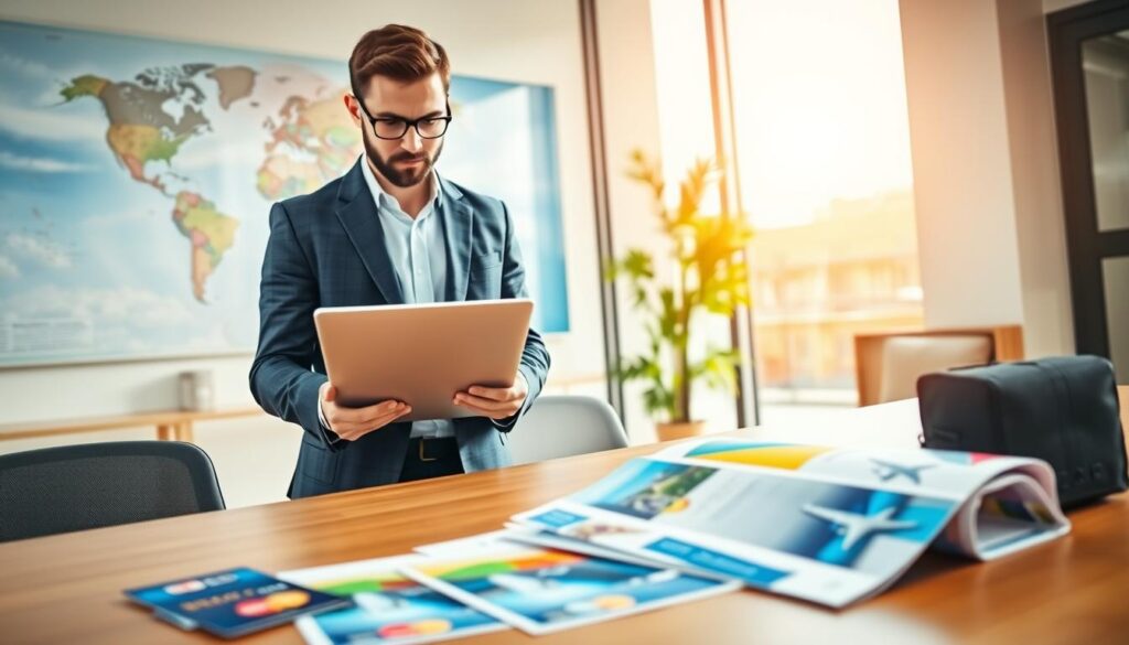 A vibrant and inviting setting depicting a business professional analyzing travel rewards for cheap flights. In the foreground, a well-dressed individual, wearing a smart blazer and holding a laptop, appears intrigued while browsing airline loyalty programs on a screen. In the middle ground, visual elements such as credit cards and flight reward brochures are spread out on a modern desk, highlighting savings opportunities. The background reveals a bright and airy travel-themed office with a world map on the wall and a large window showing a clear sky, suggesting the potential of spontaneous travel. Soft, natural lighting enhances the mood of optimism and adventure, while a slight focus blur on the background emphasizes the subject's determination and focus. A warm color palette creates an inviting atmosphere, encouraging viewers to explore travel possibilities.