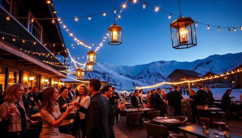 A vibrant après-ski scene in Verbier, showcasing a stylish outdoor terrace bustling with people enjoying drinks under twinkling fairy lights. In the foreground, elegantly dressed individuals in smart casual attire clink glasses and laugh, embodying the lively spirit of high-energy nightlife. The middle ground reveals a mix of cozy wooden tables and chic lounge areas, with snow-covered mountain peaks in the distance. A warm golden glow from hanging lanterns illuminates the scene, creating a welcoming atmosphere. In the background, the iconic Verbier ski slopes glisten under a clear twilight sky, enhancing the alpine ambiance. Shot with a wide-angle lens to capture the energy and joy of the après-ski experience, conveying a sense of luxury and social connection in this breathtaking Swiss setting.
