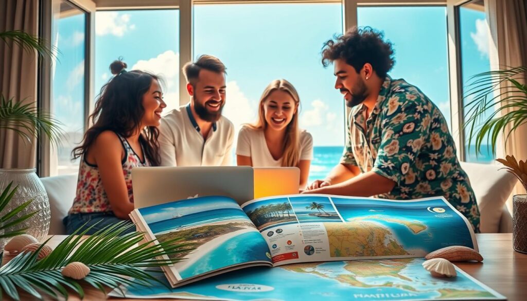 A vibrant scene depicting a last-minute vacation planning moment for a Caribbean escape. In the foreground, a diverse group of casually dressed friends gathered around a laptop, engaged in animated discussion, with a travel brochure featuring beautiful Caribbean beaches open next to them. The middle ground shows an inviting workspace with tropical-themed decor, such as palm leaves and seashells, while a map of the Caribbean is spread out, highlighting various islands. In the background, through a window, a bright blue sky with fluffy clouds and hints of distant ocean waves, infusing a sense of adventure and urgency. Warm, natural lighting creates a cheerful and optimistic atmosphere, emphasizing spontaneity and the thrill of planning an unforgettable trip. The composition should be dynamic, capturing the excitement of last-minute vacations.