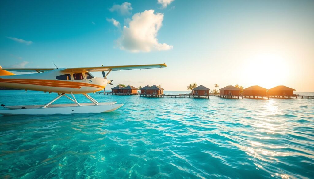 A vibrant scene showcasing a seaplane on the crystal-clear turquoise waters, preparing for takeoff towards remote, sun-kissed overwater bungalows nestled on a tropical island. In the foreground, the seaplane, characterized by its bright yellow and white color scheme, is captured from a low angle, emphasizing its sleek design. The middle ground features the charming overwater bungalows, their wooden structures elevated above the gentle waves, surrounded by lush greenery and palm trees. In the background, the sun is setting, casting a warm golden light that illuminates the entire scene, creating soft reflections on the water's surface. The atmosphere is tranquil and inviting, evoking the excitement of remote island travel and the promise of paradise.