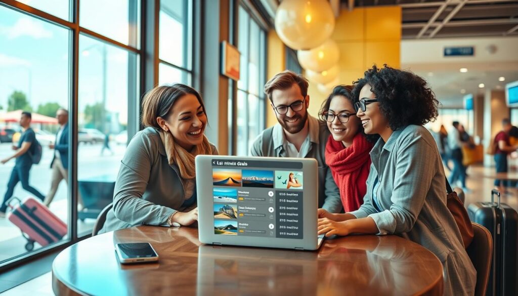 A vibrant travel-themed composition depicting a last-minute travel booking scene. In the foreground, a diverse group of three travelers, dressed in smart casual attire, are gathered around a laptop on a stylish cafe table, excitedly discussing vacation destinations. In the middle, the laptop screen displays enticing images of exotic beaches and mountains, along with a list of flashing "last-minute deals." The background features a large window showcasing a bright, sunny day outdoors, with people strolling and luggage being wheeled by, creating a dynamic travel atmosphere. Warm, soft lighting enhances the inviting feel of the cafe, and the camera angle is a slightly elevated view, capturing the joyful expressions of the travelers and the vibrant scenery, conveying a sense of spontaneity and adventure.