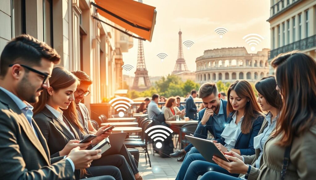 A vibrant urban scene showcasing European connectivity, with a foreground featuring a diverse group of professional travelers in business attire using smartphones and laptops, engaged in financial planning. In the middle, a bustling café terrace filled with people discussing over coffee, with Wi-Fi signals illustrated visually as gentle waves emanating from the devices. The background displays iconic European landmarks, such as the Eiffel Tower and Colosseum, connected by subtle lines representing digital networks and travel routes. The image is bathed in warm, natural sunlight, with inviting colors that evoke a sense of productivity and ease. The overall atmosphere reflects a harmonious blend of travel, technology, and finance in a cosmopolitan European setting. A vibrant urban scene showcasing European connectivity, with a foreground featuring a diverse group of professional travelers in business attire using smartphones and laptops, engaged in financial planning. In the middle, a bustling café terrace filled with people discussing over coffee, with Wi-Fi signals illustrated visually as gentle waves emanating from the devices. The background displays iconic European landmarks, such as the Eiffel Tower and Colosseum, connected by subtle lines representing digital networks and travel routes. The image is bathed in warm, natural sunlight, with inviting colors that evoke a sense of productivity and ease. The overall atmosphere reflects a harmonious blend of travel, technology, and finance in a cosmopolitan European setting.