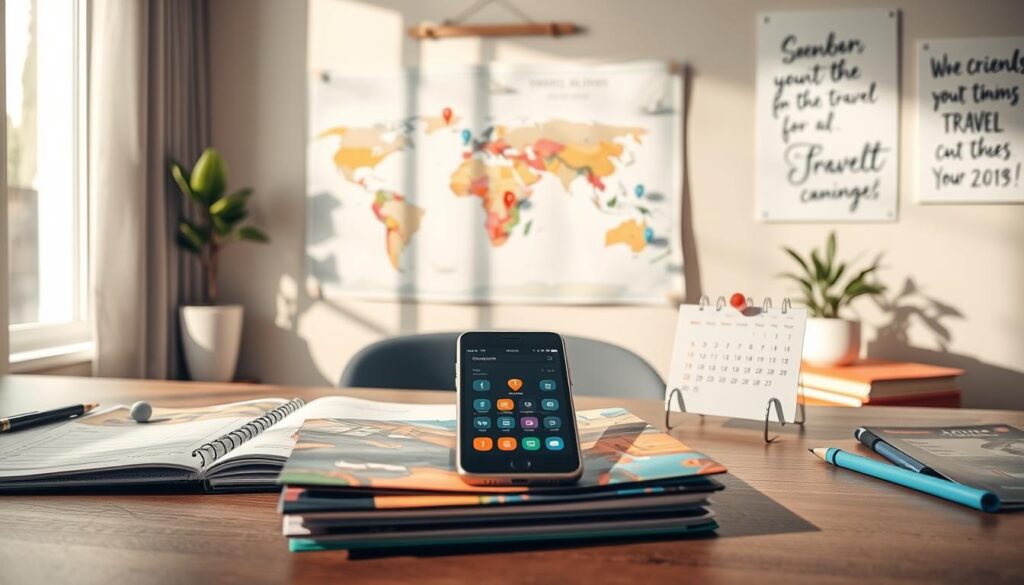 An inviting scene depicting travel savings tips in a modern and organized workspace. In the foreground, a neat desk features a well-organized planner, colorful travel brochures, and a smartphone displaying flight comparison apps, all bathed in soft natural light. In the middle ground, a world map is pinned with travel pins and dollar signs to symbolize savings, alongside a calendar marked with ideal travel dates for budget-friendly trips. The background shows a warm, cozy room with a potted plant and inspirational travel quotes on the wall, conveying a sense of optimism and adventure. The overall atmosphere is one of enthusiasm and forward planning, highlighting a sense of excitement about smart travel decisions. The composition is bright and welcoming, with a slight depth of field to draw attention to the foreground details.